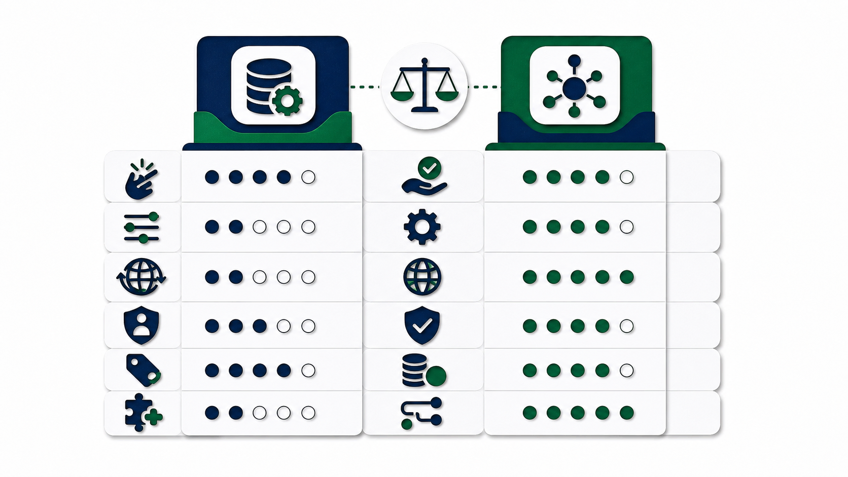 Papercut decision matrix with icons for convenience, control, portability, governance, cost, and engine choice
